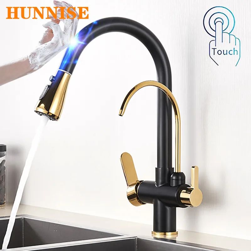 Grifos de cocina con filtro táctil inteligente, grifo mezclador de cocina extraíble en frío y caliente, color negro y dorado, Sensor de rotación, grifo de cocina con filtro táctil