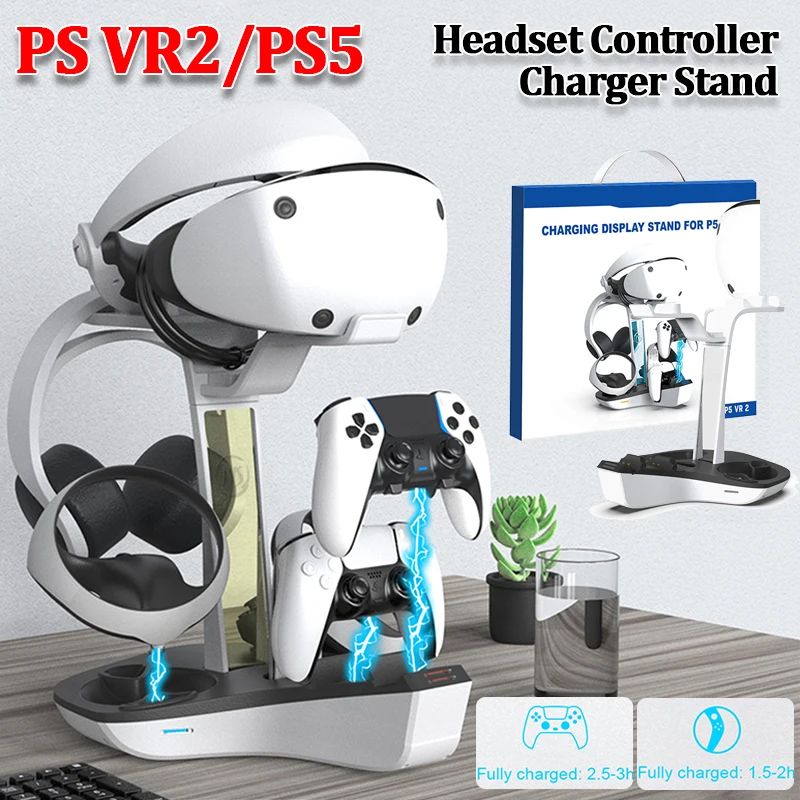 Base de carga para PS5 PS VR2, soporte de auriculares, controlador, estación de carga, luz indicadora LED, almacenamiento de auriculares para casco