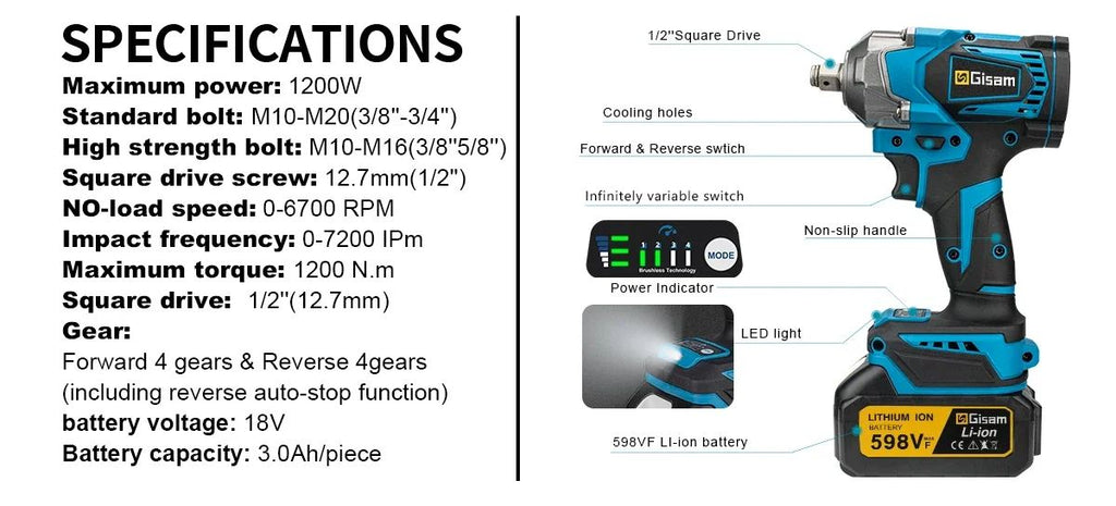 Gismis-llave de impacto eléctrica sin escobillas, 1200NM, 1/2 pulgadas, herramientas de llave eléctrica inalámbrica de alto Torque para Pin de batería Makita de 18V