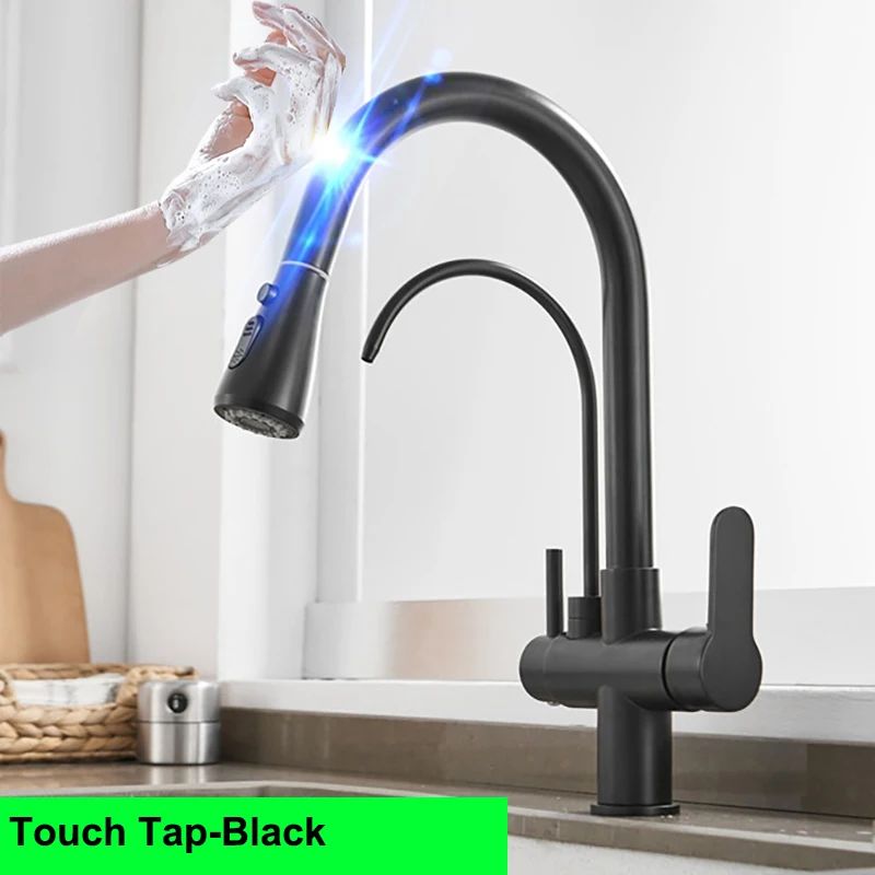 Grifos de cocina con filtro táctil inteligente, grifo mezclador de cocina extraíble en frío y caliente, color negro y dorado, Sensor de rotación, grifo de cocina con filtro táctil