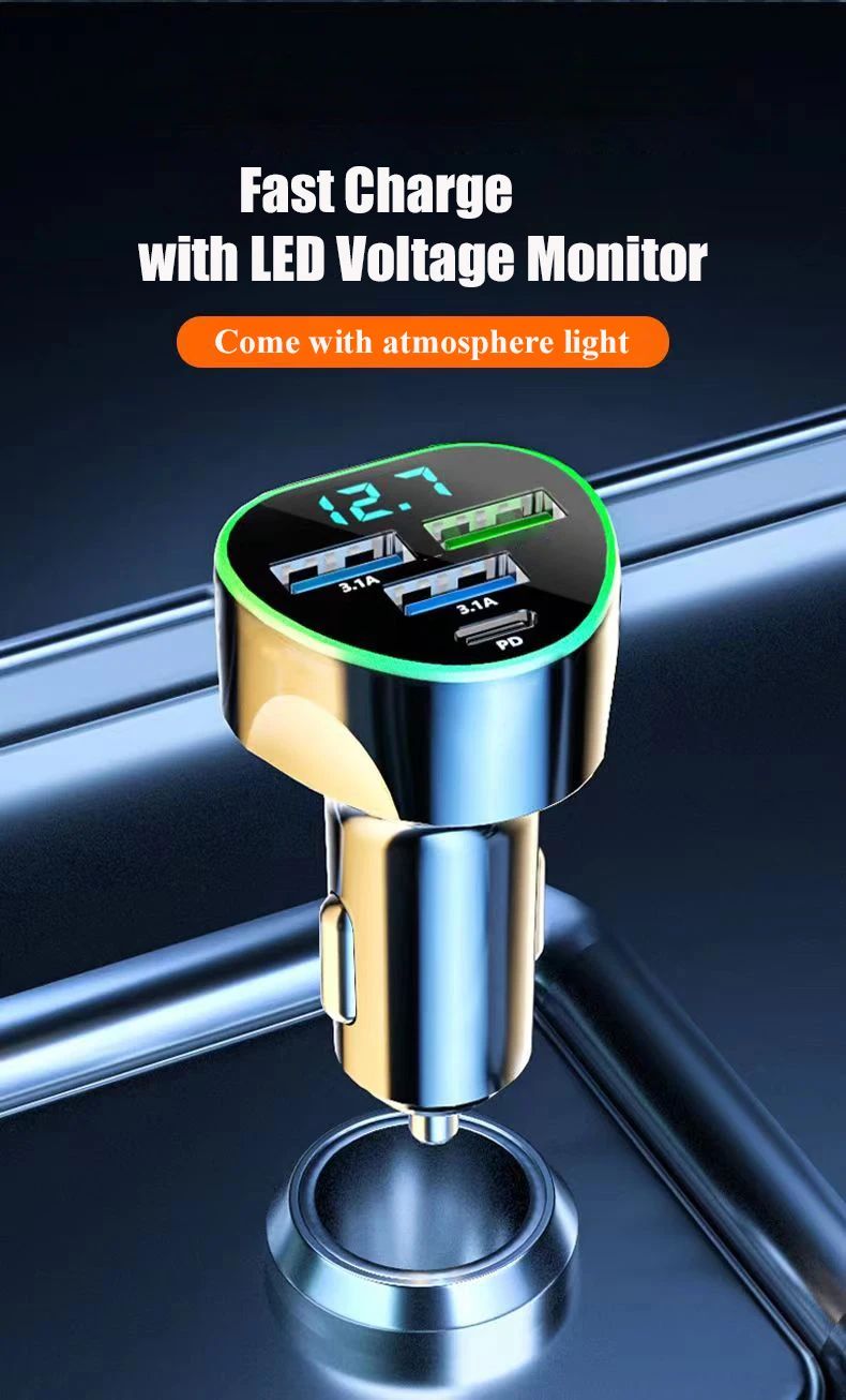 Cargador de teléfono para coche UYUXIO USB C carga súper rápida en el coche con pantalla LED de voltaje para iPhone Samsung Huawei Oneplus teléfono Android