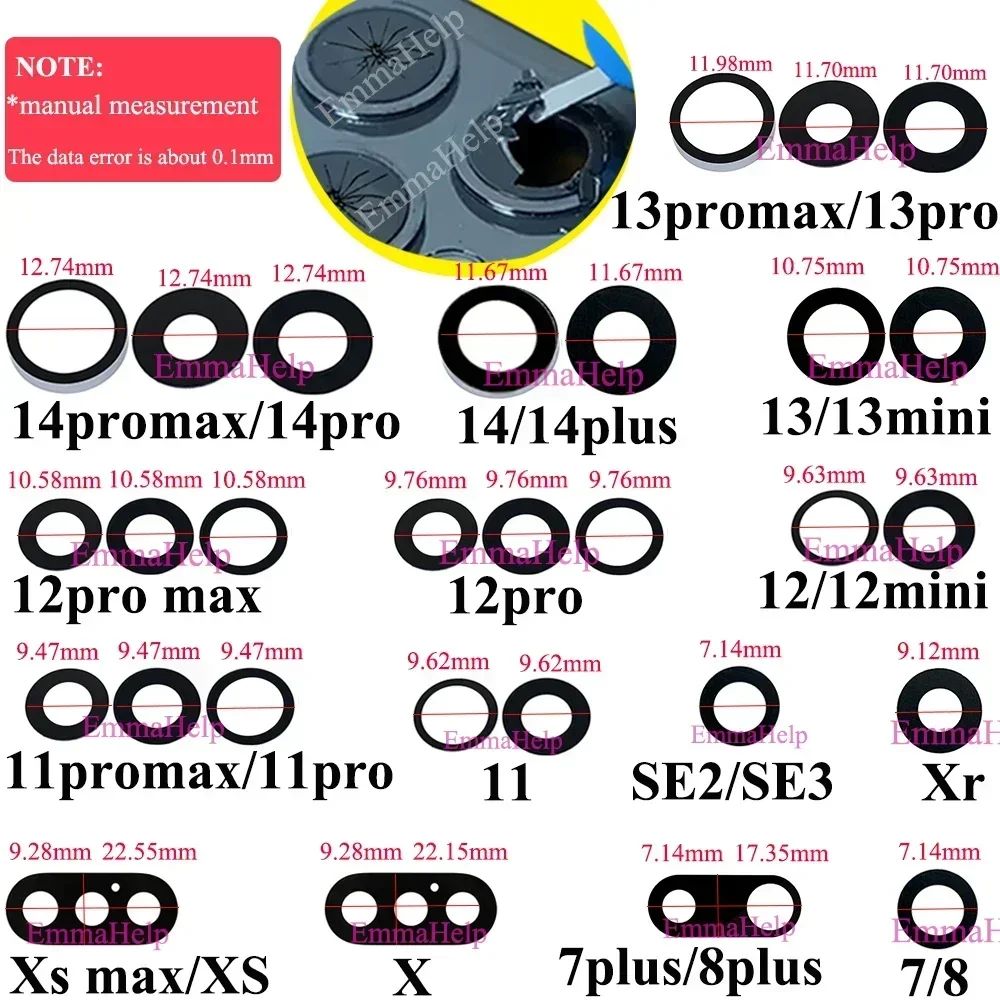 EmmaHelp, 10 Uds., cristal de cámara trasera para iPhone 7 8 Plus 6 6S 6Plus 7Plus X XR XS Max 11 12, lente de cubierta trasera, piezas de soporte adhesivo 3M