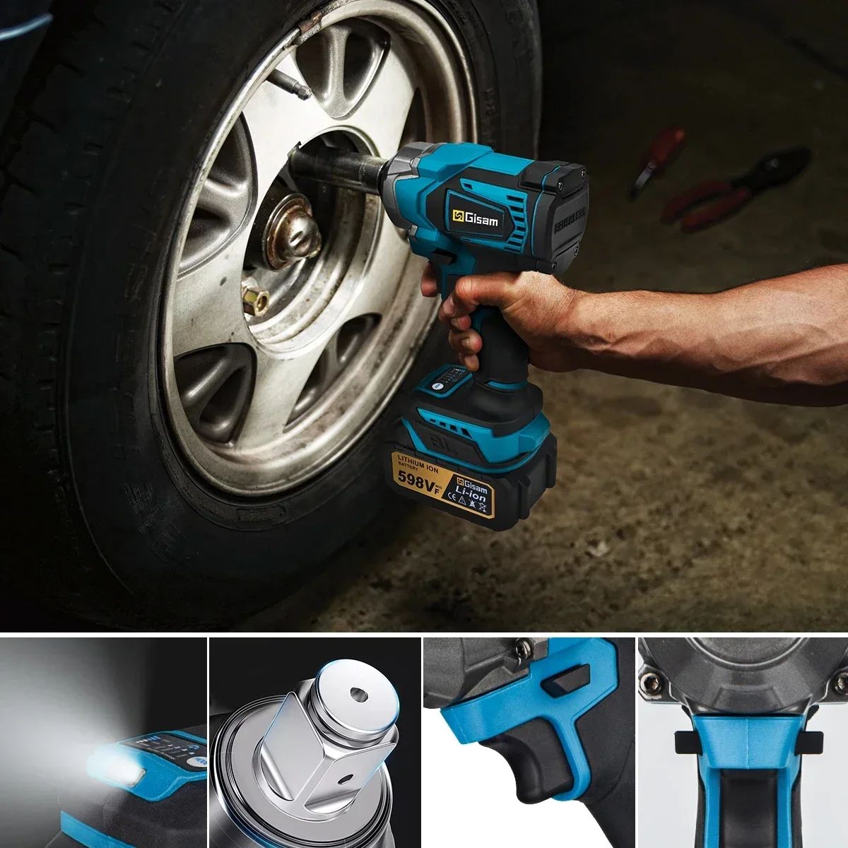 Gismis-llave de impacto eléctrica sin escobillas, 1200NM, 1/2 pulgadas, herramientas de llave eléctrica inalámbrica de alto Torque para Pin de batería Makita de 18V
