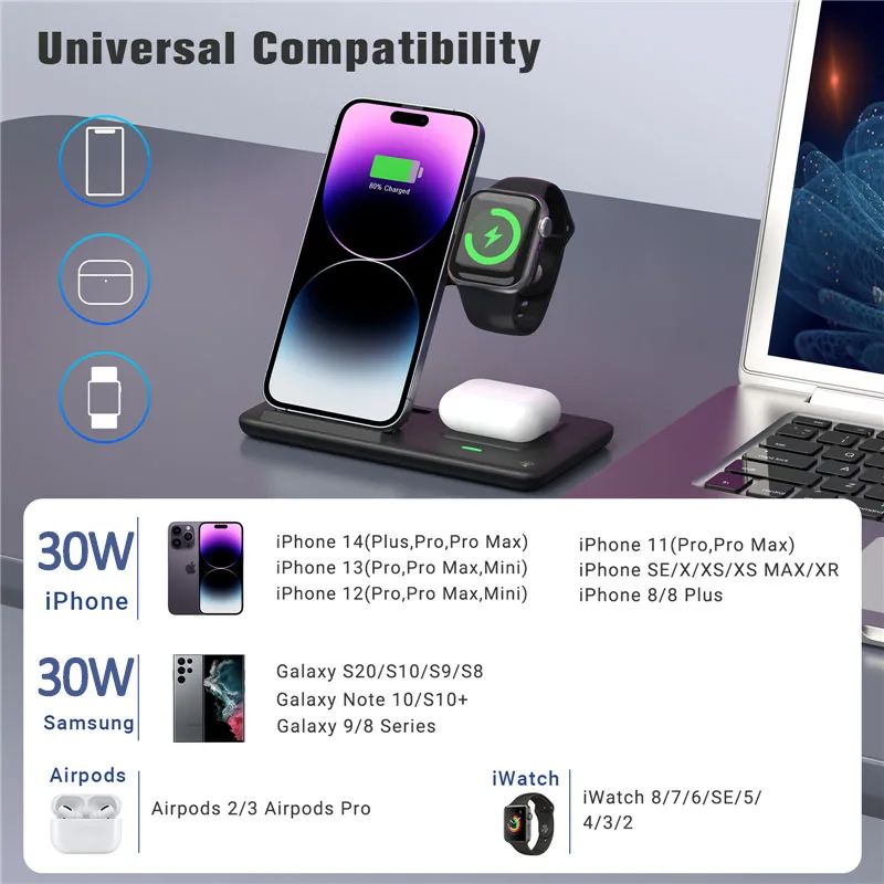 Base de Carga Inalámbrica Rápida 3 en 1 para iPhone 17 16 15 14 13 12, Apple Watch, Airpods Pro, iWatch 8 7 6, Estación de Carga Plegable