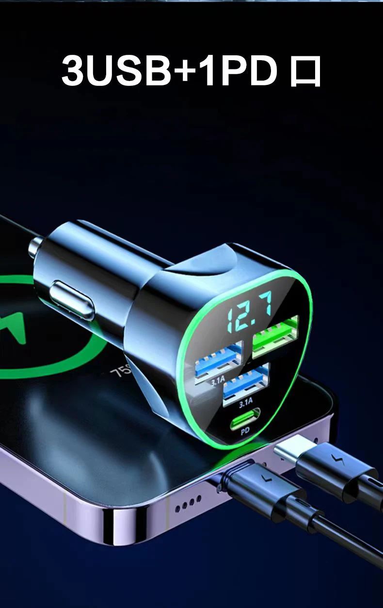Cargador de teléfono para coche UYUXIO USB C carga súper rápida en el coche con pantalla LED de voltaje para iPhone Samsung Huawei Oneplus teléfono Android