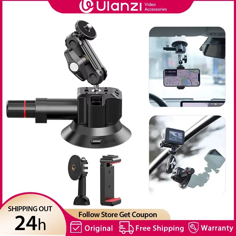 Ulanzi Soporte para Cámara de Acción de Teléfono de Coche Bomba de Mano Ventosa 360 °   Ajustable 1/4" para GoPro para teléfono inteligente Insta360 DJI Action