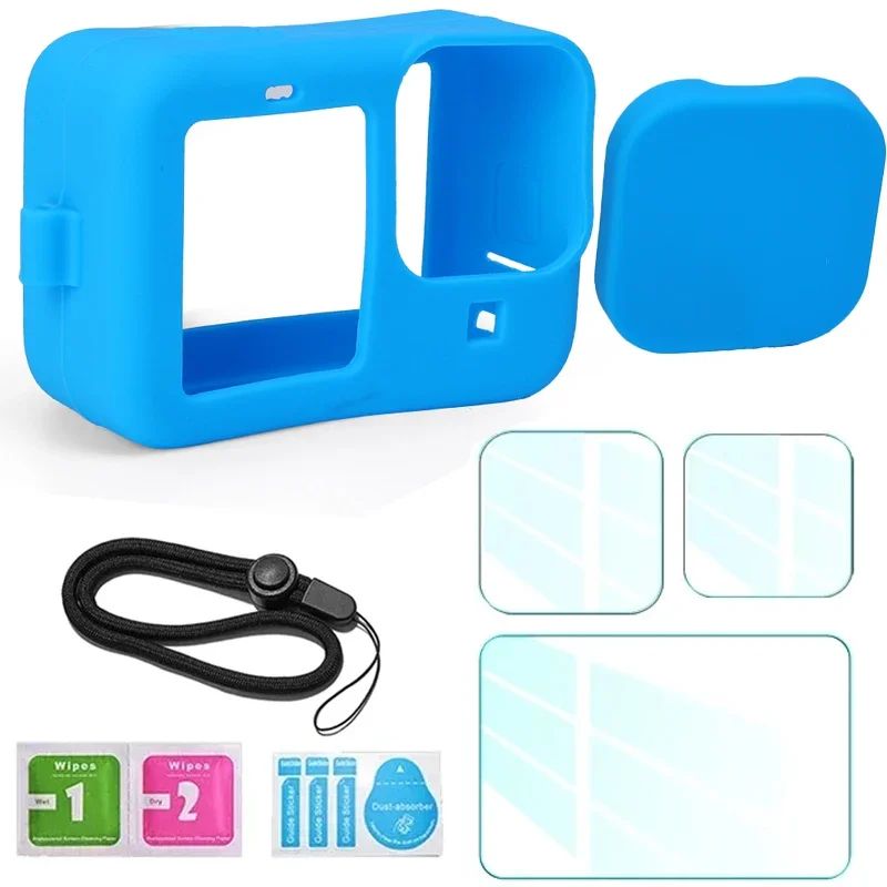 Para GoPro Hero 12 11 10 9 funda de silicona funda protectora cordón Protector de pantalla de vidrio templado tapa de lente para GoPro12 Pro11 10