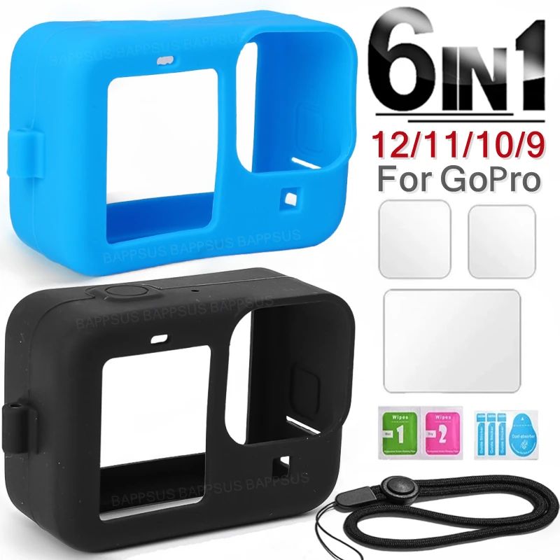 Para GoPro Hero 12 11 10 9 funda de silicona funda protectora cordón Protector de pantalla de vidrio templado tapa de lente para GoPro12 Pro11 10