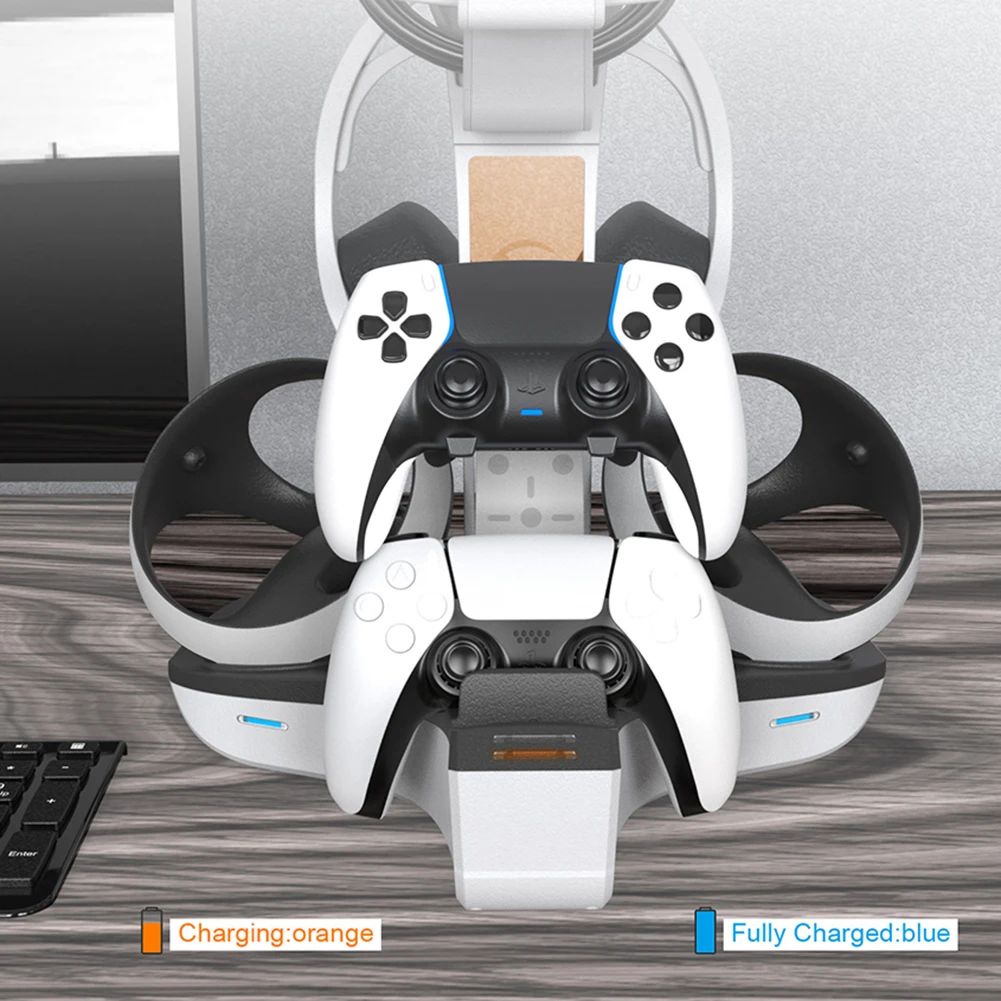 Base de carga para PS5 PS VR2, soporte de auriculares, controlador, estación de carga, luz indicadora LED, almacenamiento de auriculares para casco