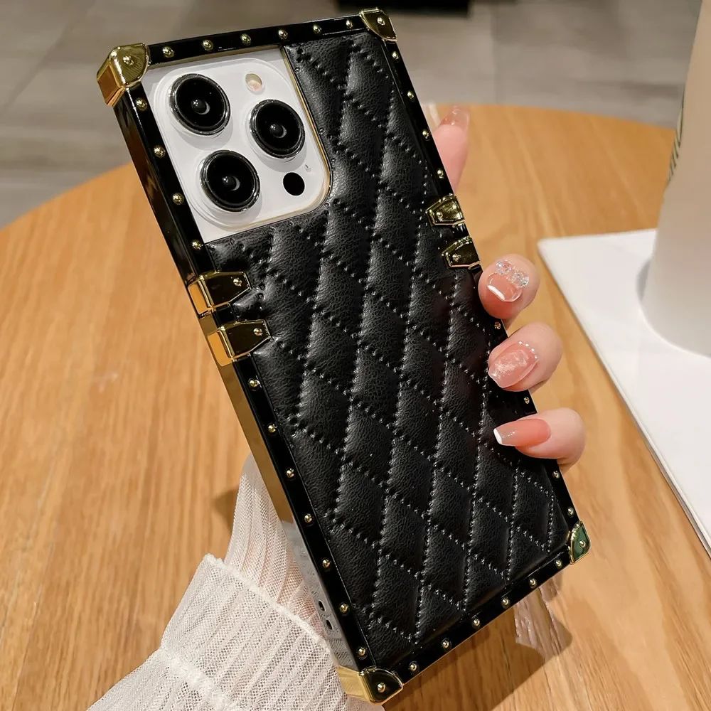Fundas de Teléfono de Lujo a Prueba de Golpes para iPhone 17 16 15 14 13 12 11 Pro Max 17e, Diseño a Cuadros, Prevención de Colisiones, Cubierta de Cuero Suave de Cordero