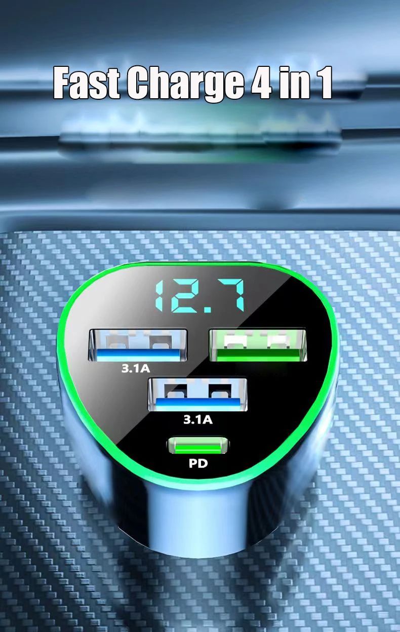 Cargador de teléfono para coche UYUXIO USB C carga súper rápida en el coche con pantalla LED de voltaje para iPhone Samsung Huawei Oneplus teléfono Android