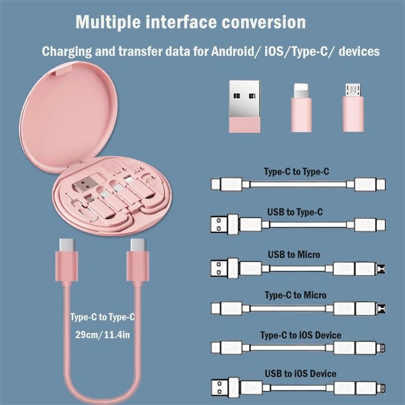 60W Multi tipo C a USB C a Micro USB a iluminación Kit de cables de teléfono de carga rápida para IPhone 14 13 15 Pro caja de almacenamiento de cables de datos