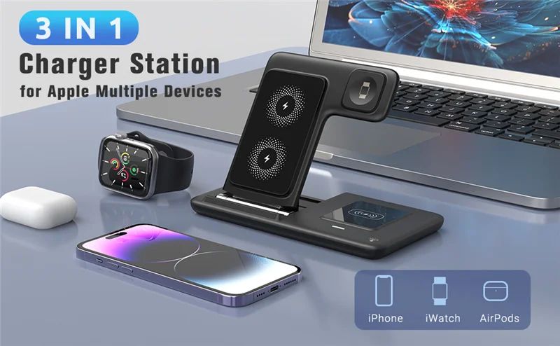 Base de Carga Inalámbrica Rápida 3 en 1 para iPhone 17 16 15 14 13 12, Apple Watch, Airpods Pro, iWatch 8 7 6, Estación de Carga Plegable