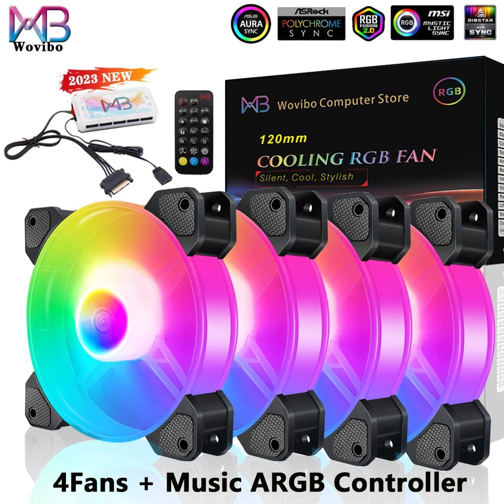 Wovibo-Ventilador de refrigeración RGB de 120mm, enfriador silencioso de 6 pines para PC, carcasa de ordenador, chasis, ajuste de bricolaje, 5V Aura Sync Music
