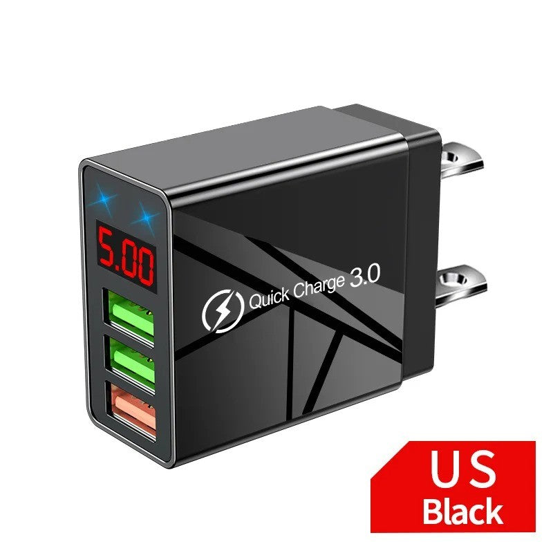 Cargador USB de 3 puertos, adaptador de pared de carga rápida con pantalla Digital LED para Samsung S23 Xiaomi 14 Pro Huawei Mate 60 Redmi