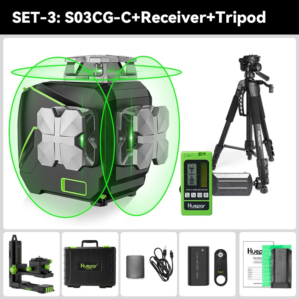 Huepar S03CG Set nivel láser de línea cruzada 3D Bluetooth y control remoto 12 líneas láser de haz verde Osram con receptor trípode telémetro