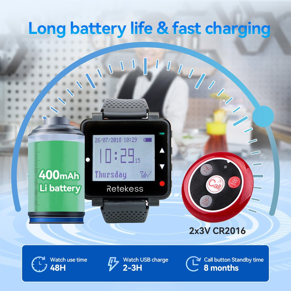 RETEKESS-sistema inalámbrico de llamadas para camarero, buscapersonas para restaurante, receptor de reloj T128, botón de llamada T117, servicio al cliente para cafetería