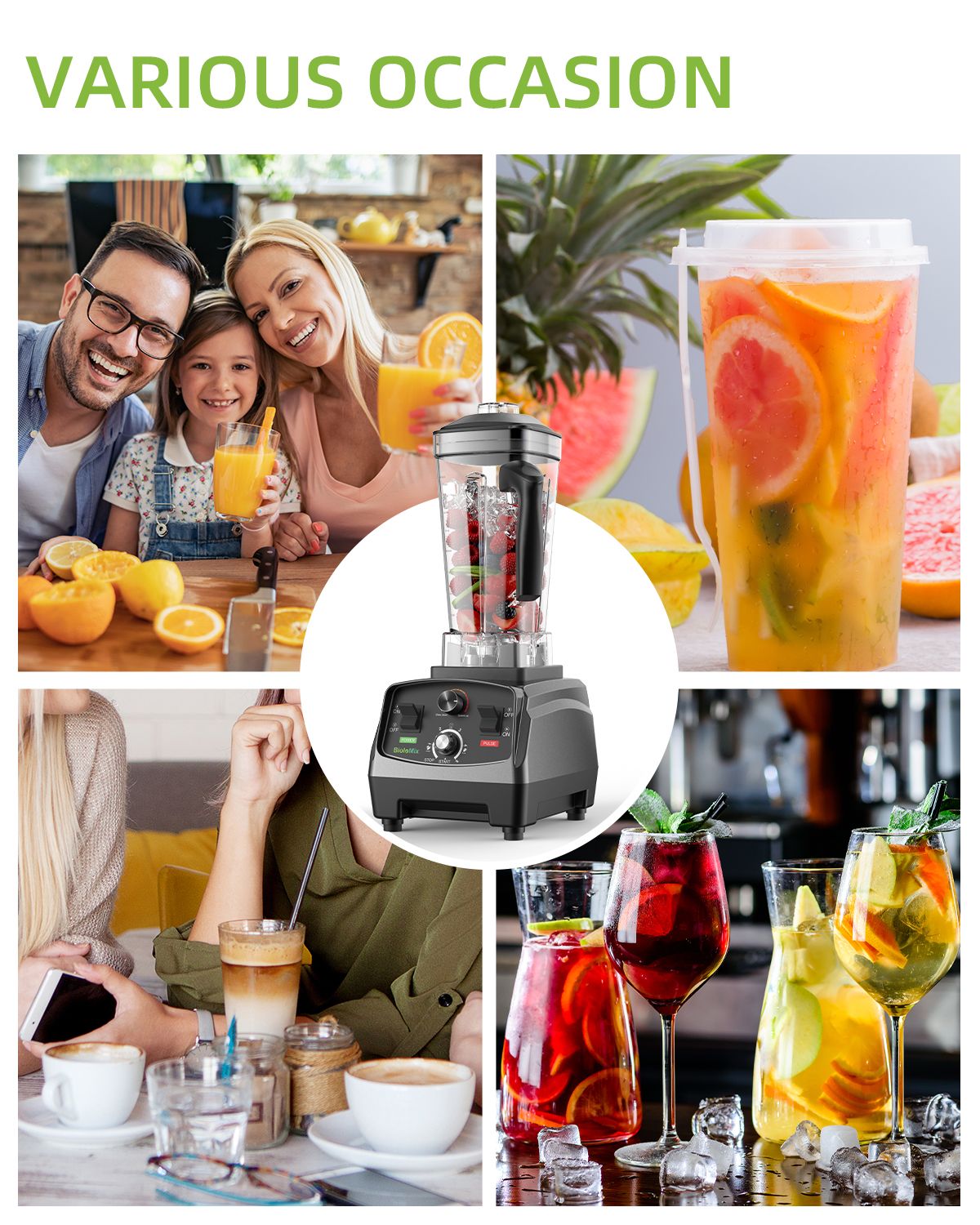 BioloMix-batidora con temporizador de alta resistencia, 3HP, 2200W, exprimidor, procesador de alimentos y frutas, batidos de hielo, sin BPA, tarro de 2L
