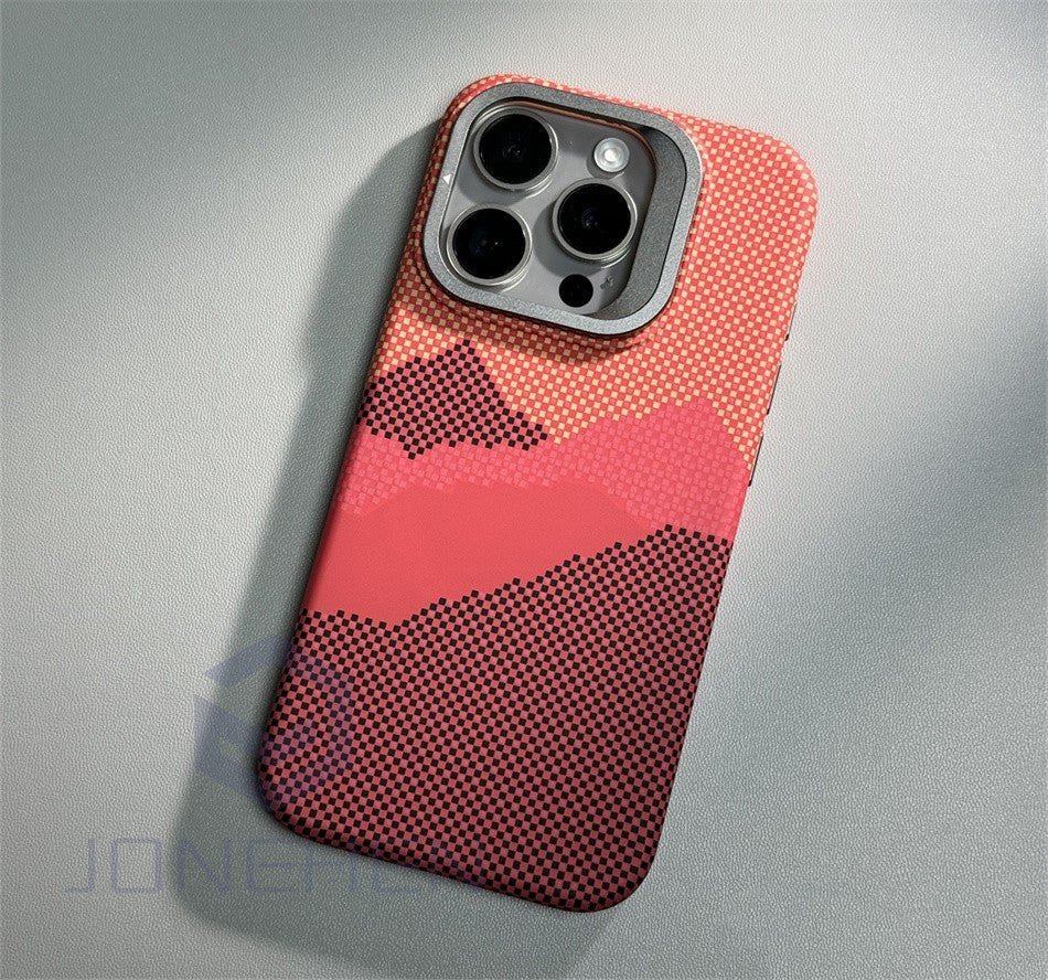 Soporte de aleación para lente MagSafe, funda para iPhone 14, 15 Pro, 13Pro Max, carga inalámbrica, textura de píxeles, dura, PC, cubierta trasera delgada
