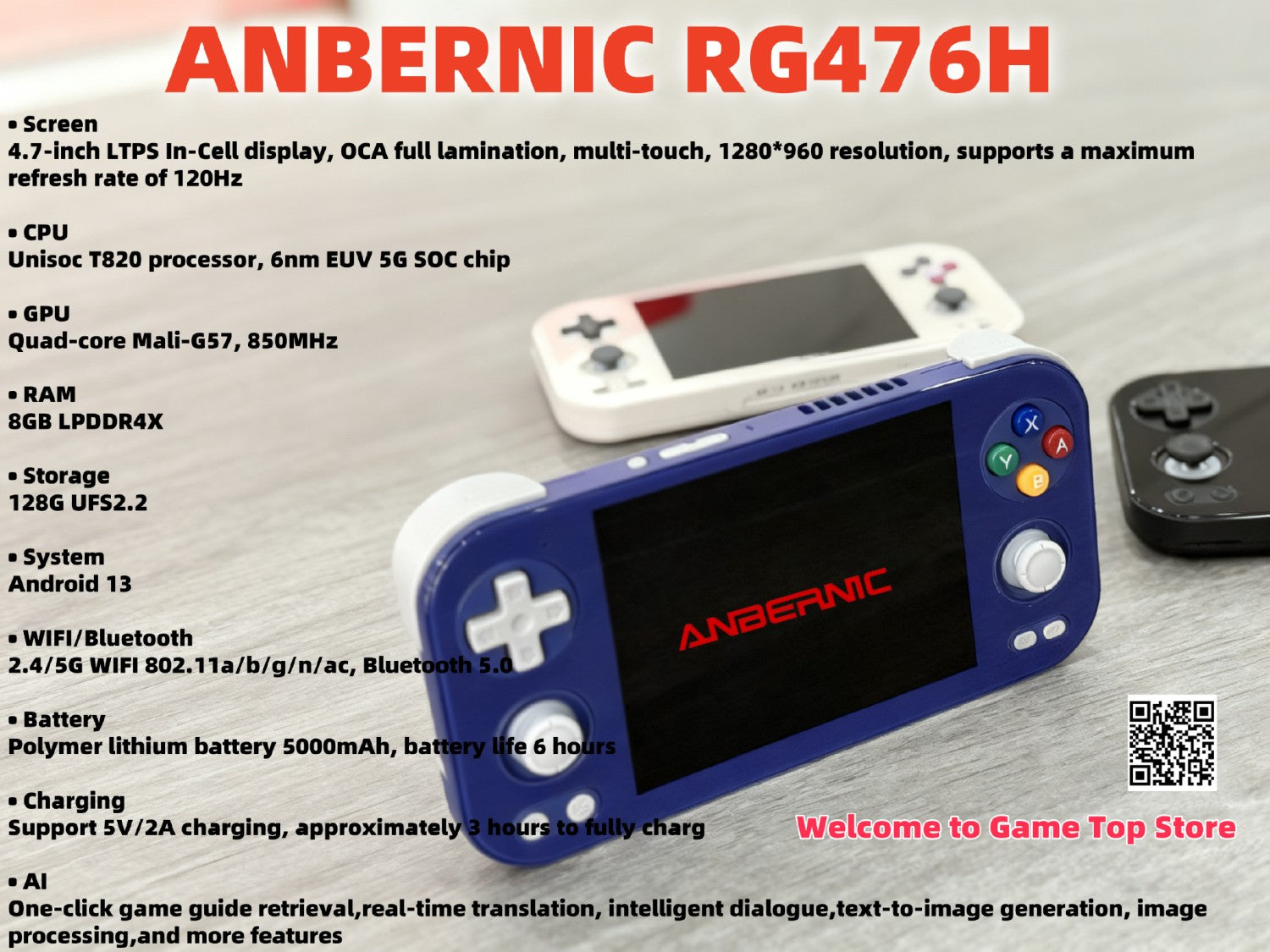 ANBERNIC RG 476H consola de juegos portátil RG467H 4,7 "HD multitáctil pantalla completa Hall disparadores Wifi reproductor de videojuegos Retro PSP PS2