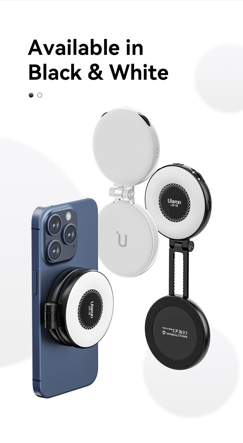 Ulanzi LM19 MagSafe Light CRI 95+ para fotografía Vlog Livestream Luz de relleno con tapa bicolor adecuada para teléfonos móviles magnéticos