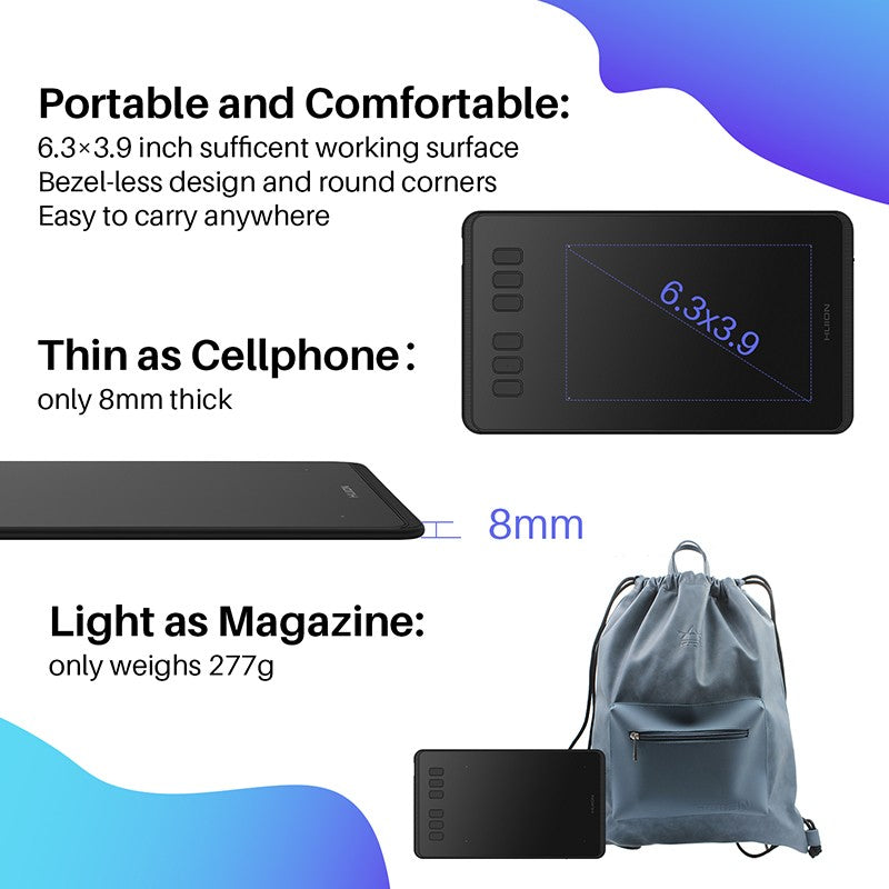 HUION-Tabletas gráficas ultraligeras H640P H950P, Tablet Digital con bolígrafo de dibujo, Stylus sin batería, para PC, teléfono Android mesa digitalizadora huion