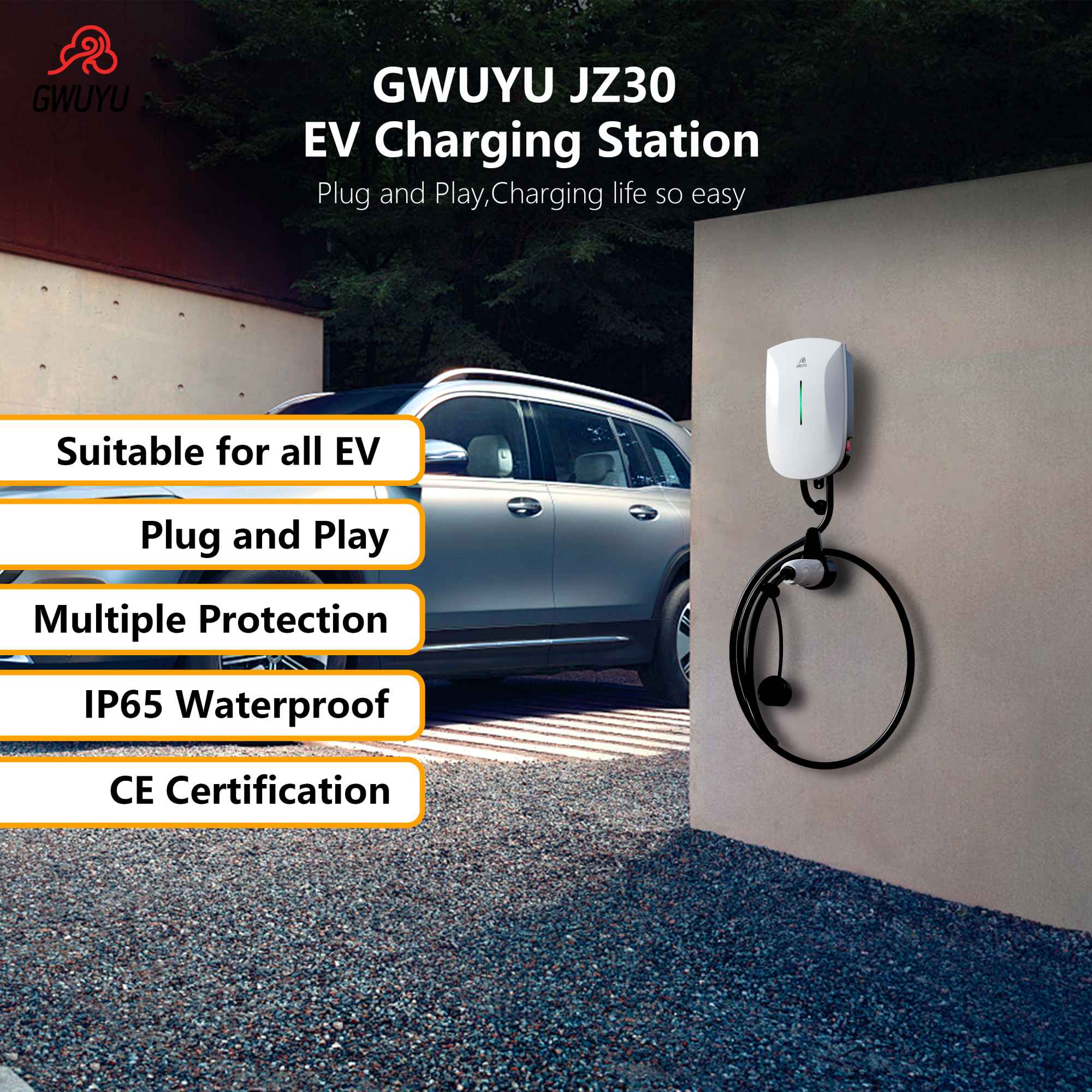 Estación de carga EV GWUYU Plug and Play Tipo 2 IEC62196-2 32A 7KW 220V 22KW 380V 11KW 16A 3 fases EVSE Wallbox 5 metros