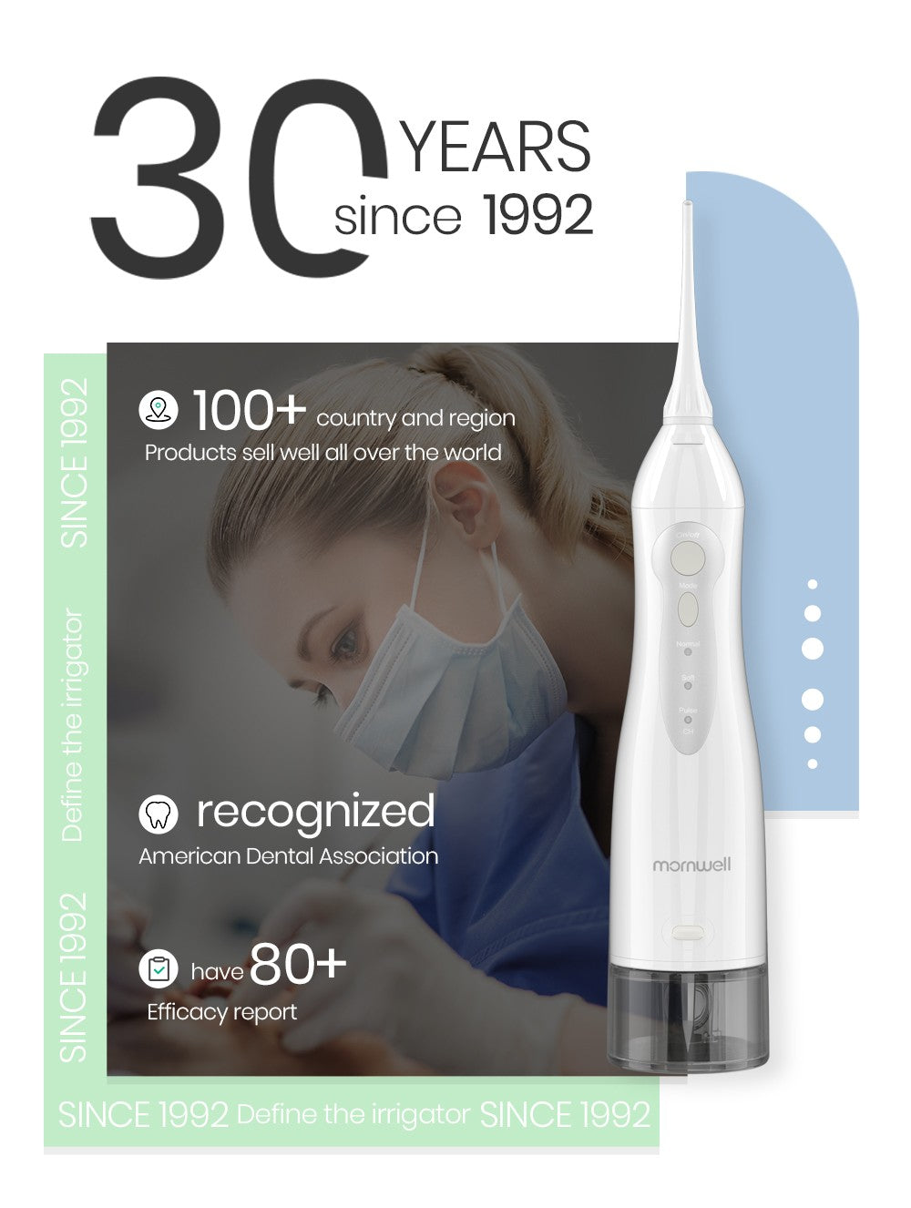 Irrigador Bucal Mornwell con 6 Boquillas y 3 Modos, Irrigador Dental Inalámbrico Portátil D52, Limpiador de Dientes con Resistencia al Agua IPX7