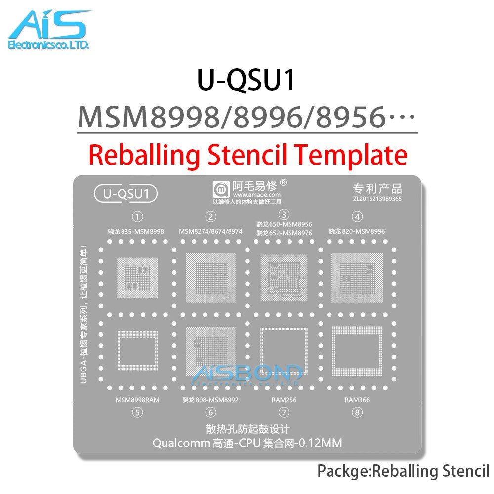 Plantilla de reparación BGA U-QSU1-6 para CPU serie Qualcomm SM8350 SM8250 SM8475 SM7325 SM7125 SM7350 SM8150 SM7250 SM8750 SM8635 Net