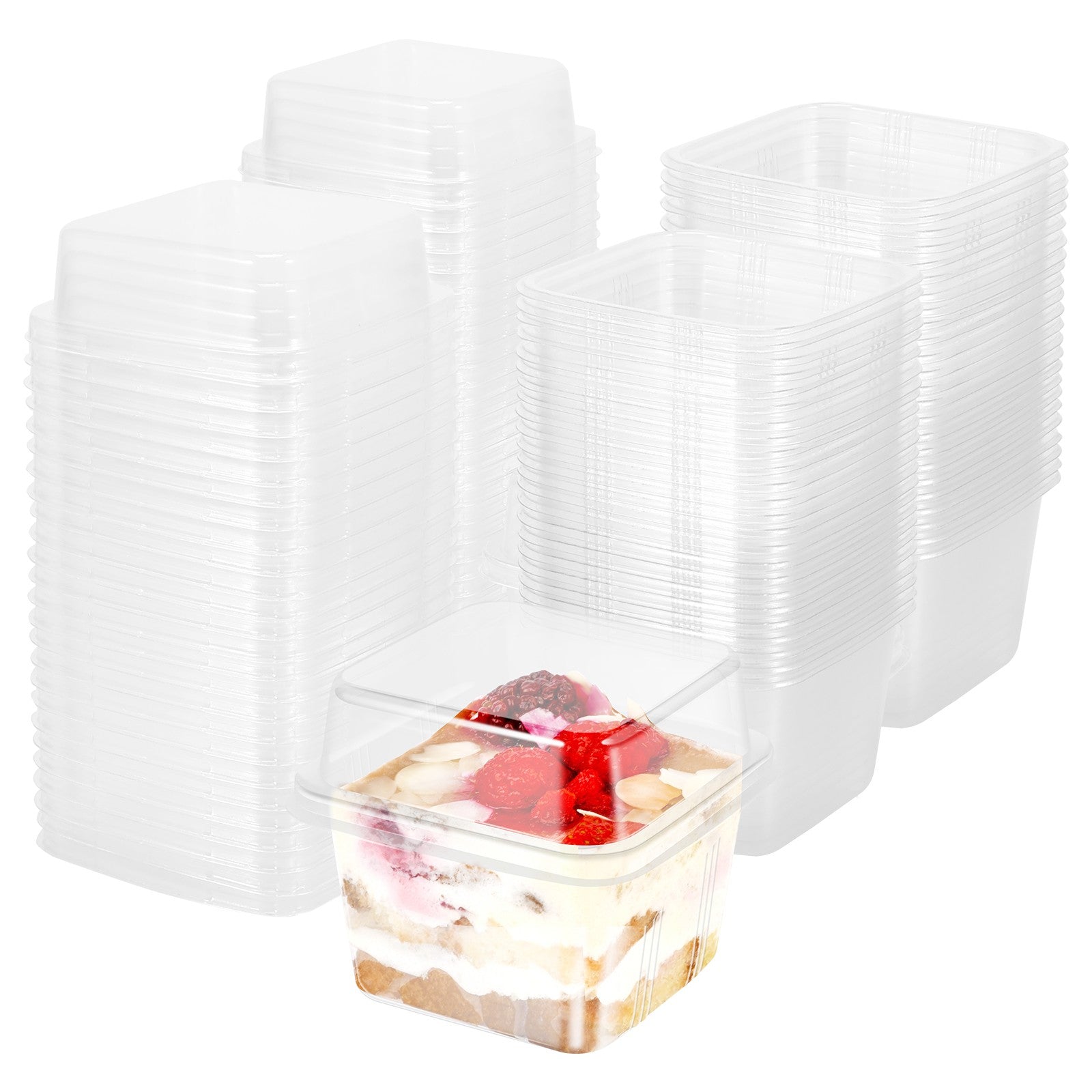 100 Uds. Tazas de postre multiusos con tapas contenedor de magdalenas reutilizable de 8oz caja de postre individual cuadrada transparente caja de almacenamiento de pasteles sellada