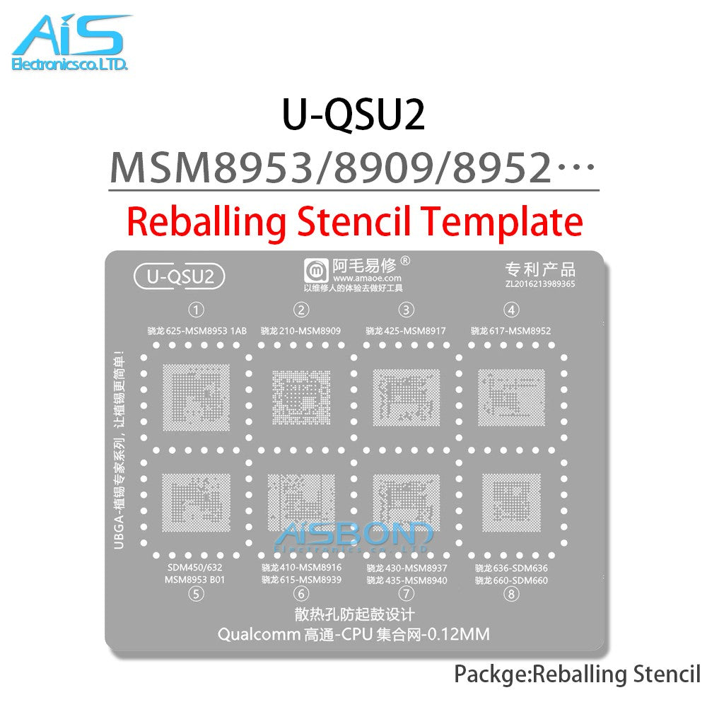 Plantilla de reparación BGA U-QSU1-6 para CPU serie Qualcomm SM8350 SM8250 SM8475 SM7325 SM7125 SM7350 SM8150 SM7250 SM8750 SM8635 Net