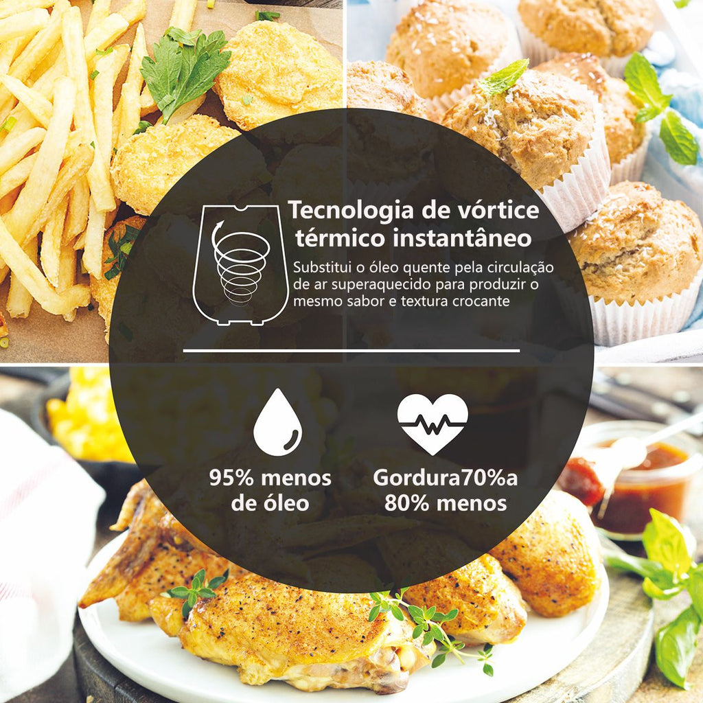 Fritadeira-freidora de aire eléctrica, Perfin Cesto Quadrado, 4L, 1100W, Preto, 127V, 220V