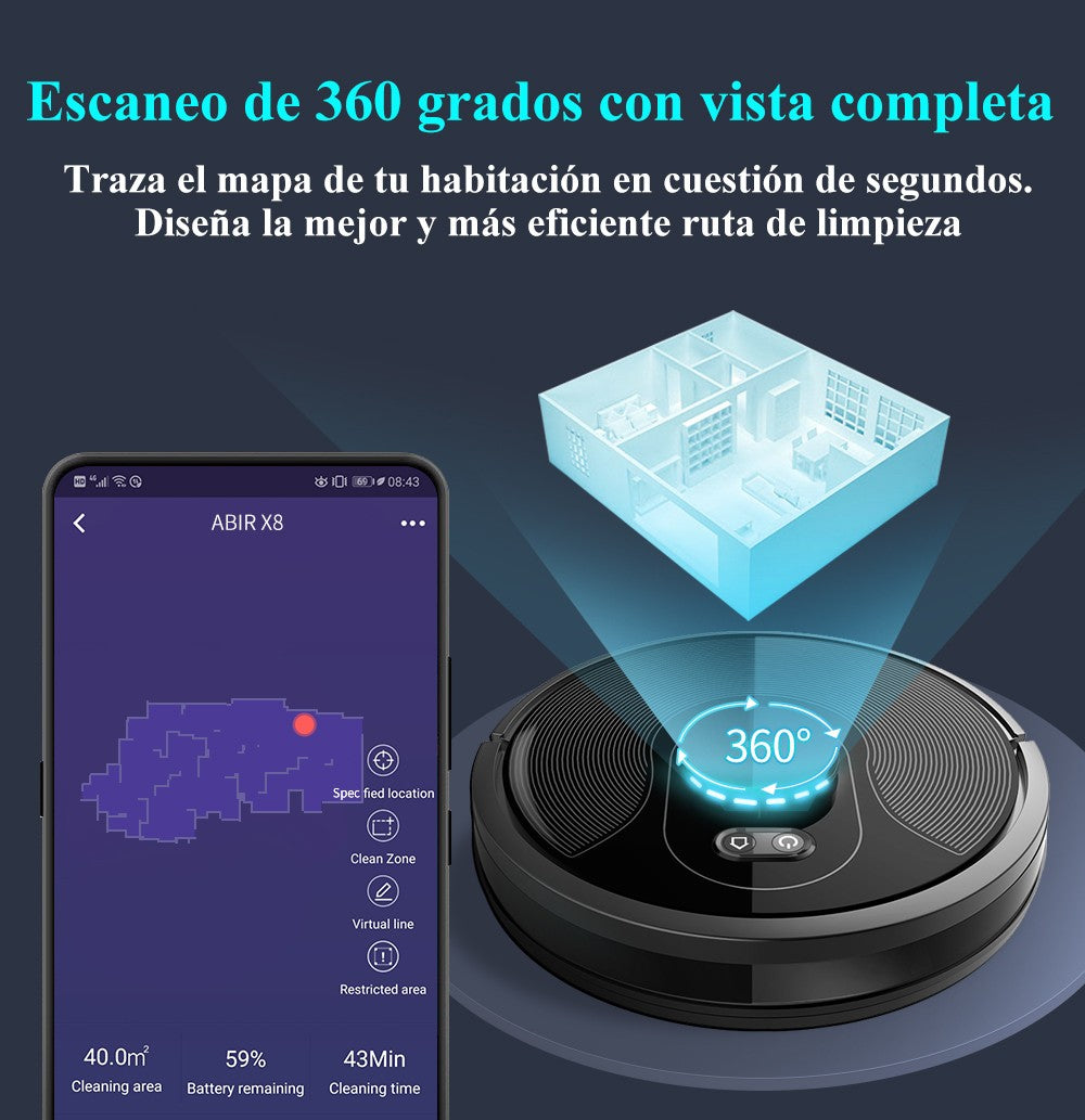 ABIR-Robot aspirador X8, sistema láser, mapas de múltiples pisos, limpieza de zona, ajuste de área limitada para lavado de alfombras en el hogar