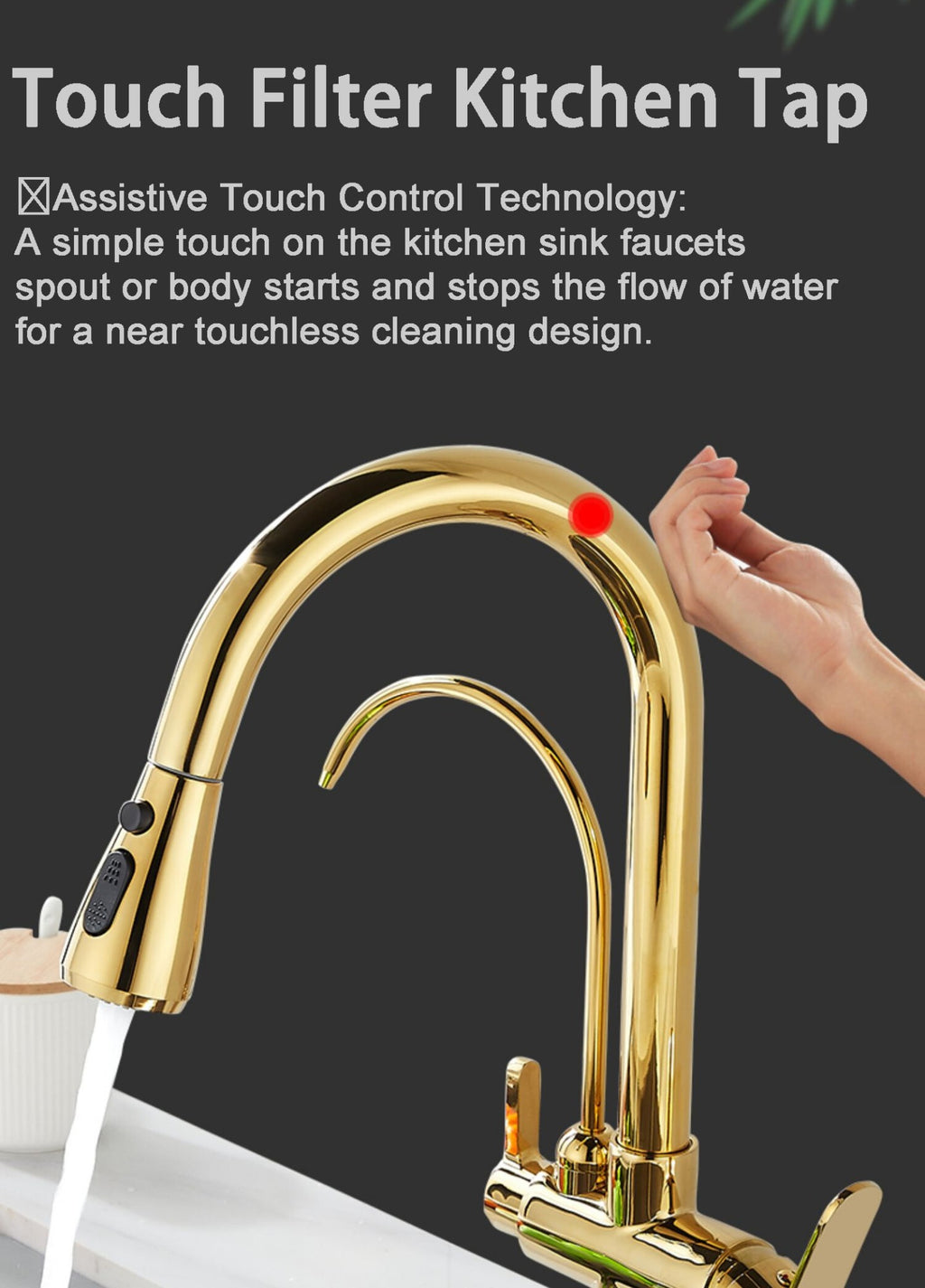 Grifos de cocina con filtro táctil inteligente, grifo mezclador de cocina extraíble en frío y caliente, color negro y dorado, Sensor de rotación, grifo de cocina con filtro táctil