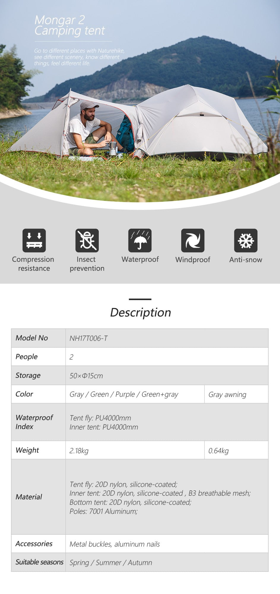 Carpa Naturehike Mongar 2 para Camping y Playa, Nailon 20D Impermeable, Carpa para 2 Personas, Mongar UL Ultraligera, Carpa de Senderismo para 3 Estaciones