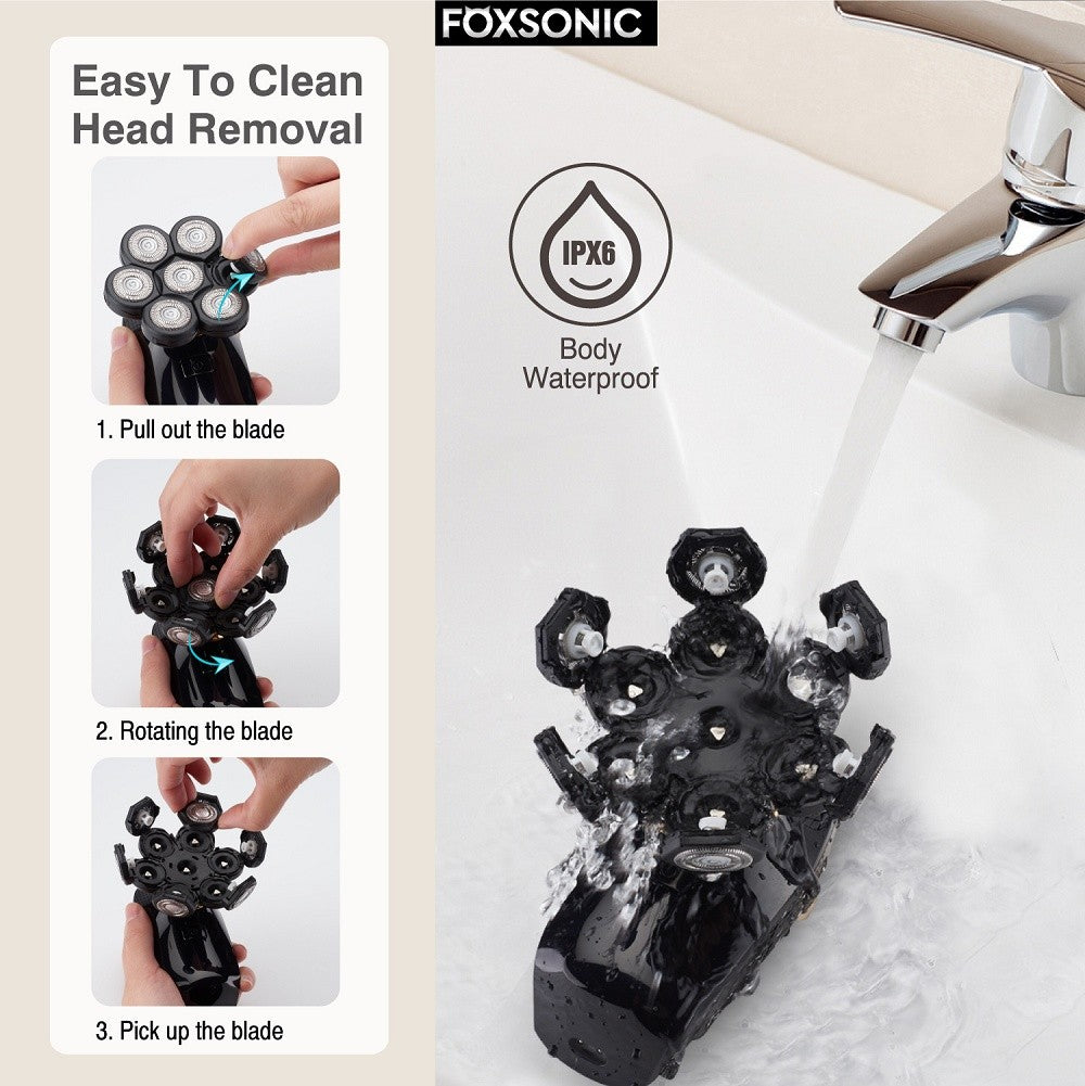 FOXSONIC-Afeitadora para hombre 7D independiente, 7 cortadores, cabezal flotante, maquinilla de afeitar eléctrica resistente al agua, recortadora de barba para hombre