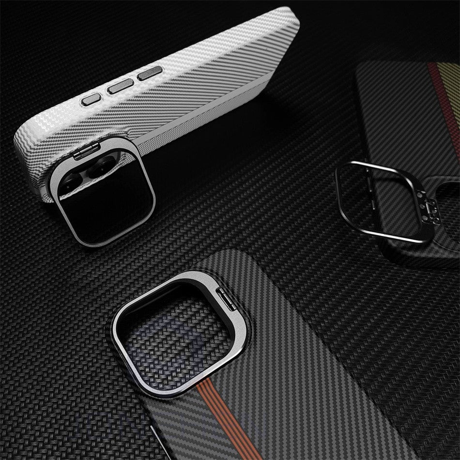 Soporte de aleación para lente MagSafe, funda para iPhone 14, 15 Pro, 13Pro Max, carga inalámbrica, textura de píxeles, dura, PC, cubierta trasera delgada