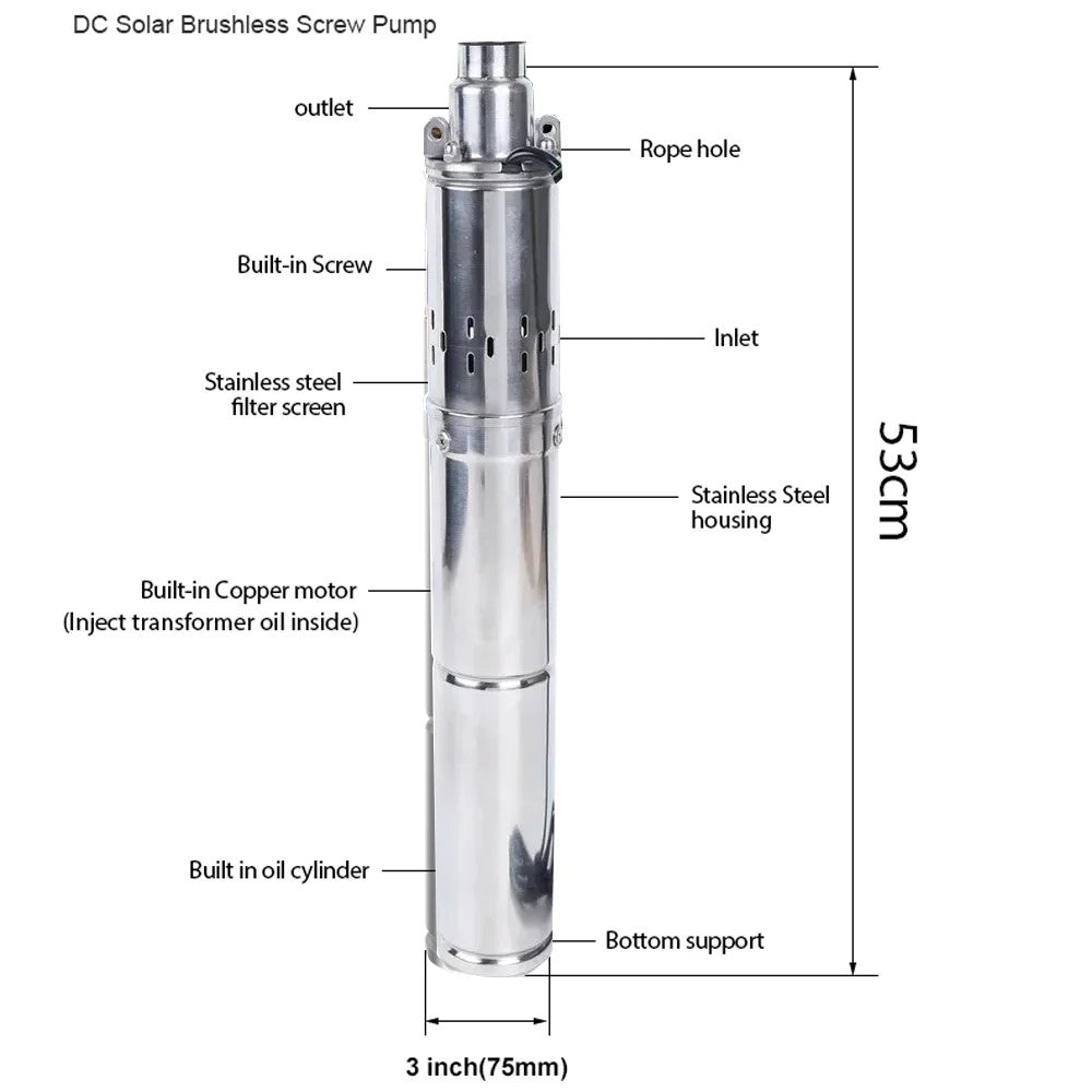 Bomba Solar para pozo profundo, dispositivo de perforación sumergible de acero inoxidable sin escobillas, cabezal máximo de 750 M con controlador incorporado, CC, 100 W, 48V, 60V, 72V