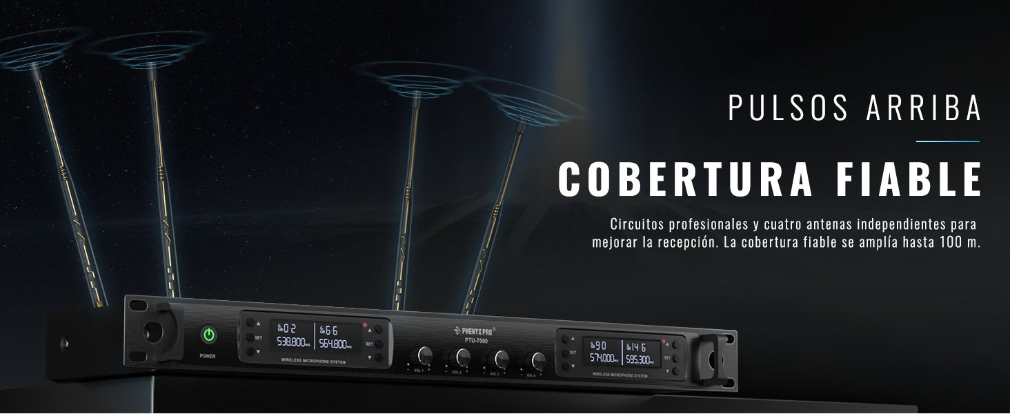 Micrófono inalámbrico profesional UHF Phenyx Pro 4 canales escaneo automático frecuencia seleccionable Metal 100M para cantar Iglesia PTU7000