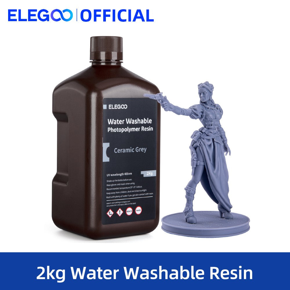 Resina para Impresora 3D ELEGOO, 2 kg, 405 nm, Curado UV, Lavable con Agua, para Impresión 3D LCD, Alta Precisión, Bajo Olor, Gris 2000 g