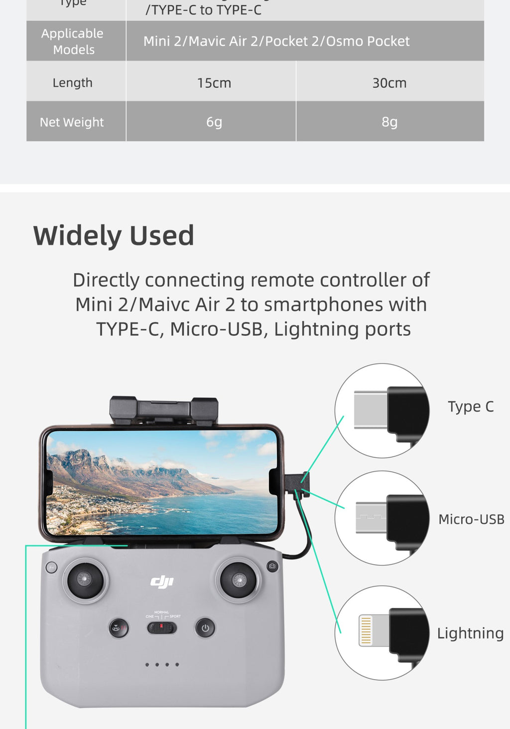 Cable de datos de Control remoto para Dron DJI Mini 3 Pro /Mavic 3/Mini 2 /Mavic Air 2/Air 2S, Cable de datos de Control remoto de RC-N1, IOS, Android, Micro tipo C