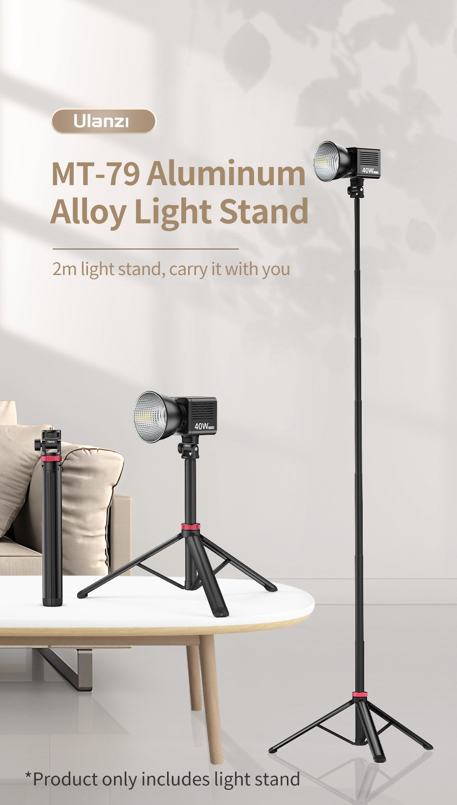 Trípode extensible Ulanzi MT-79 con tornillo de 1/4 pulgadas para cámara DSLR, trípode de micrófono con luz de relleno para teléfono inteligente