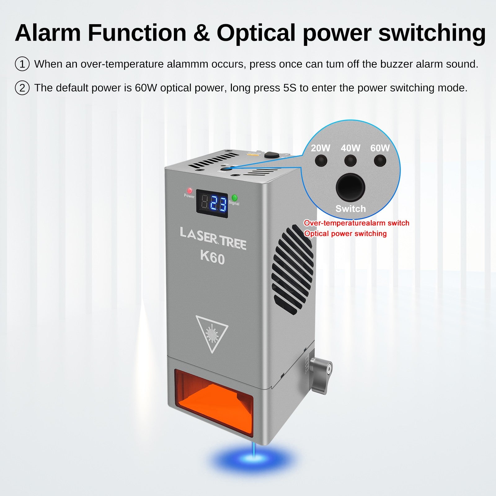 Árbol láser K60 de potencia óptica, cabezal láser de 60W, módulo de potencia ajustable de 20W/40W para grabado láser CNC, herramientas de corte de carpintería DIY