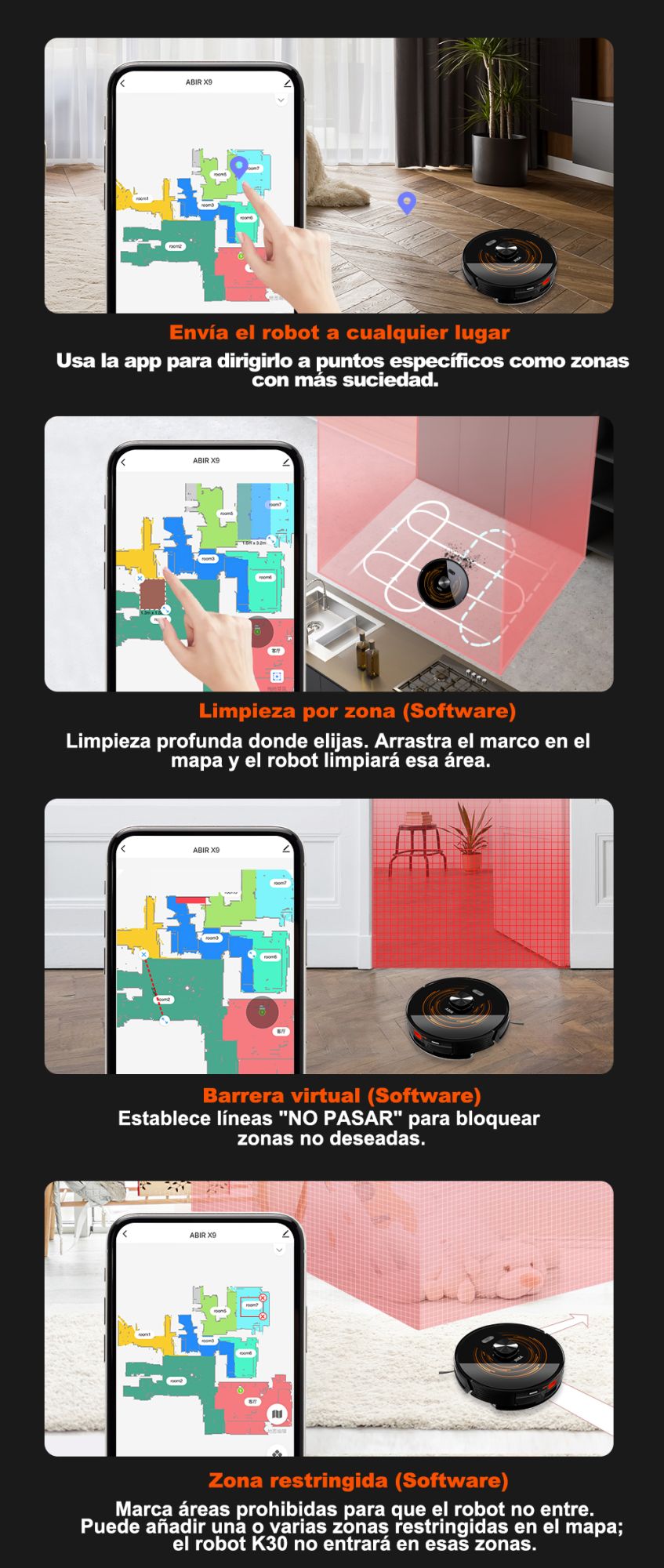 (Código de cupón: GCC800)  Robot Aspirador ABIR X9, Navegación Láser, Succión 6500Pa, Mapa Multiplantas, Doble Lámpara UV, Control Inteligente de Zonas, Tecnología de Refuerzo Automático para Alfombras, Versión de Gama
