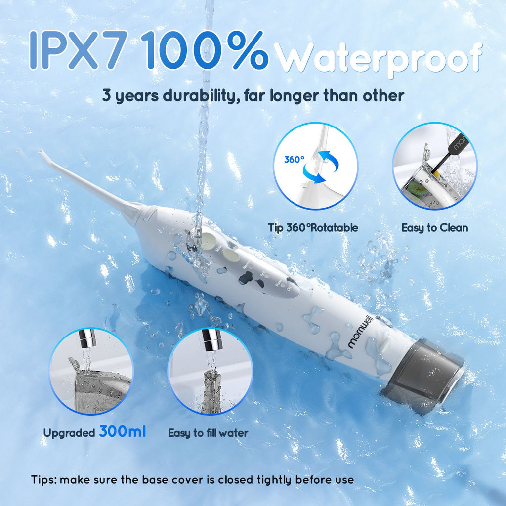 Irrigador Bucal Mornwell con 6 Boquillas y 3 Modos, Irrigador Dental Inalámbrico Portátil D52, Limpiador de Dientes con Resistencia al Agua IPX7