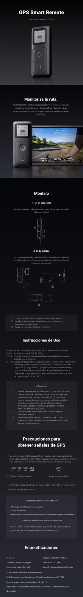 Insta360-Control remoto de acción GPS para Cámara de Acción Insta360, X4, Ace Pro, GO3, X3, ONE, RS, X2, Bluetooth 5,0, 5m (16,4 pies), resistente al agua