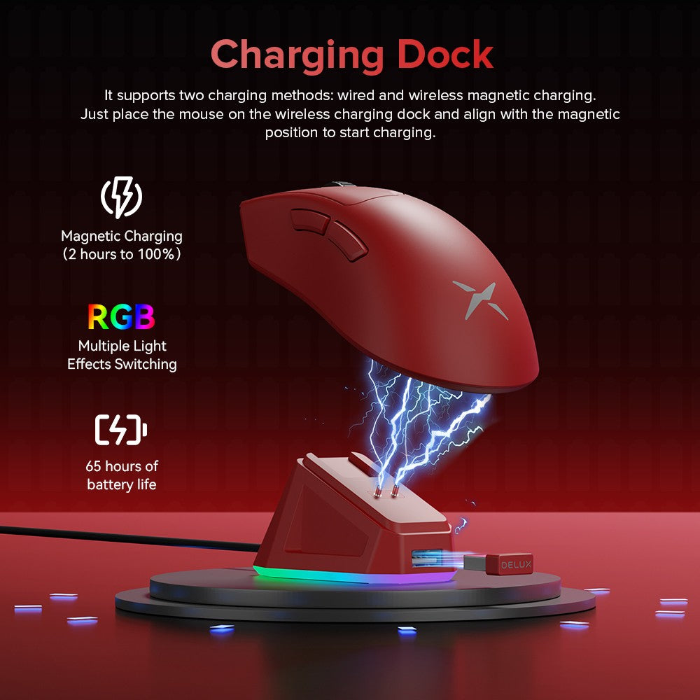 Ratón inalámbrico para juegos Delux M900 PRO, ergonómico, 8K, velocidad de orolling PAW3395 BK3633, base de carga RGB de 63g para PC y portátil de mano grande derecha