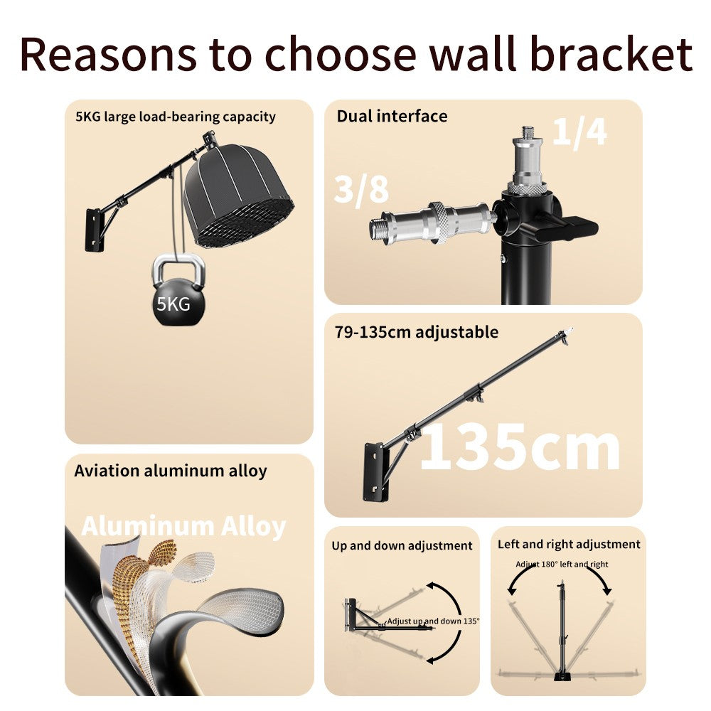 Soporte de proyector de brazo de soporte de montaje en pared pesado de 170cm y 135cm para estudio de fotografía Softbox luces de anillo estroboscópico de vídeo