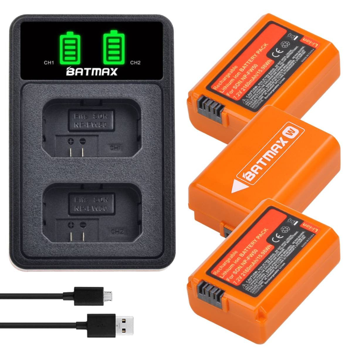 Batería Batmax 2160mAh NP-FW50 NPFW50 + nuevo cargador Dual LED para Sony ZVE10 a6500 a6300 a6000 a5000 a3000 NEX-3 a7R a7S NEX-7