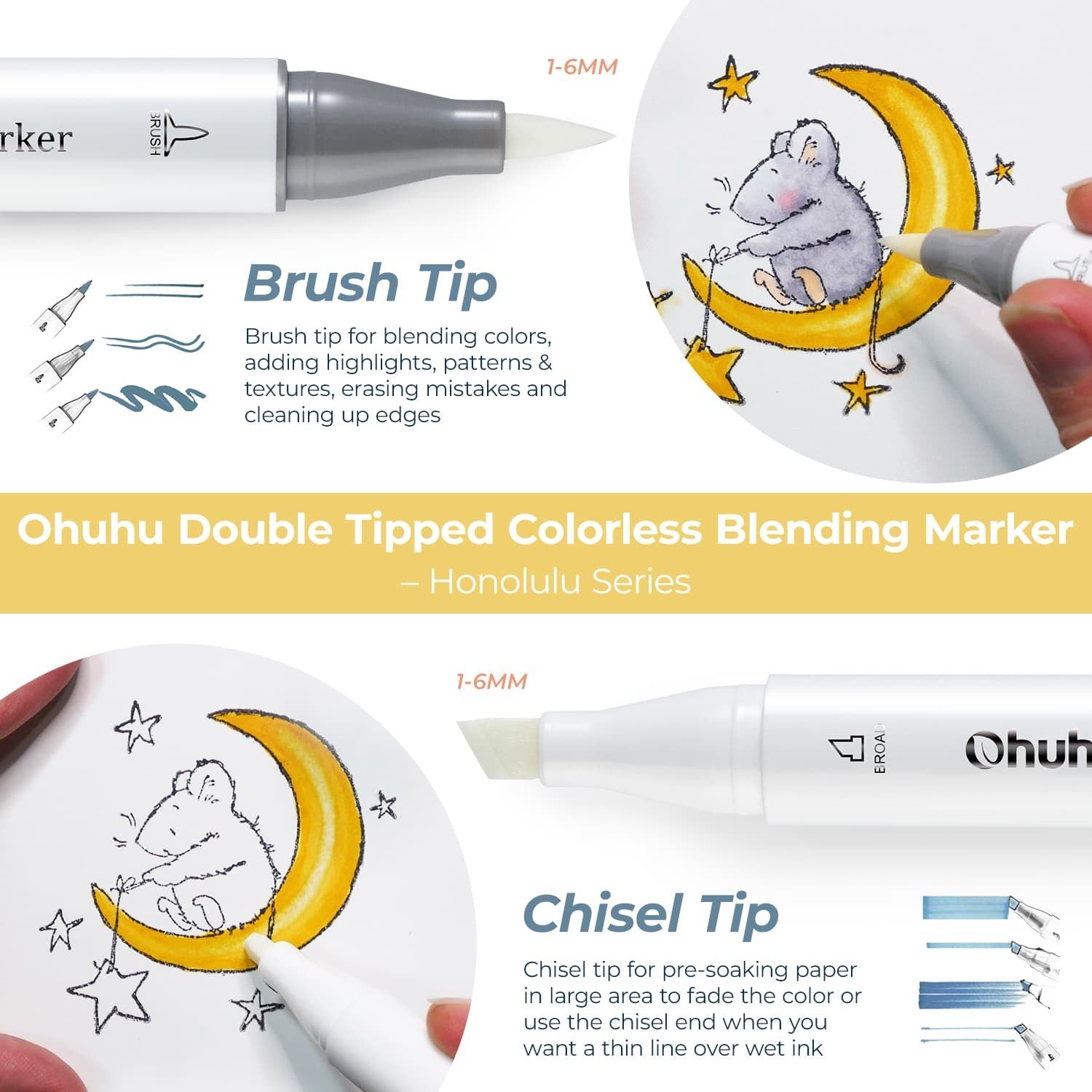 Ohuhu Honolulu Licuadora incolora, paquete de 6 rotuladores, tinta a base de alcohol No.0, licuadora transparente para agregar reflejos, borrado de texturas